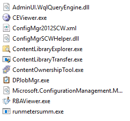 Machine generated alternative text:
AdminU WqIQueryEngine.dII 
CEViewer.exe 
ConfigMgr2012SCWxml 
ConfigMgrSCWHeIper .dll 
ContentLibraryExpIorer.exe 
ContentLibraryTransfer.exe 
ContentOwnershipTooI.exe 
DPJobMgr.exe 
Microsoft.ConfigurationManagement.M... 
RBAViewer.exe 
runmetersumm.exe 