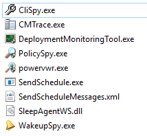 Machine generated alternative text:
CliSpy.exe 
CMTrace.exe 
DeploymentMonitoringTooI.exe 
PolicySpy.exe 
power"vr.exe 
SendScheduIe.exe 
SendScheduIeMessages.xmI 
SleepAgentWS.dII 
WakeupSpy.exe 