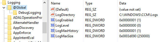 Machine generated alternative text:
Logging 
v @GIobaI 
DebugLogging 
ADALOperationPro 
AlternateHandIer 
AppDiscovery 
AppEnforce 
ApplntentEvaI 
Name 
(Default) 
ab LogDirectory 
LogEnabIed 
LogLeveI 
LogMaxHistory 
LogMaxSize 
Type 
REG SZ 
REG SZ 
REG DWORD 
REG DWORD 
REG DWORD 
REG DWORD 
(value not set) 
CAWINDOWSXCCMXLogs 
DxDDDDDD01 (1) 
DxDDDDDDDO (0) 
DxDDDDDD01 (1) 
DxDD03dD90 (2SDDDO) 