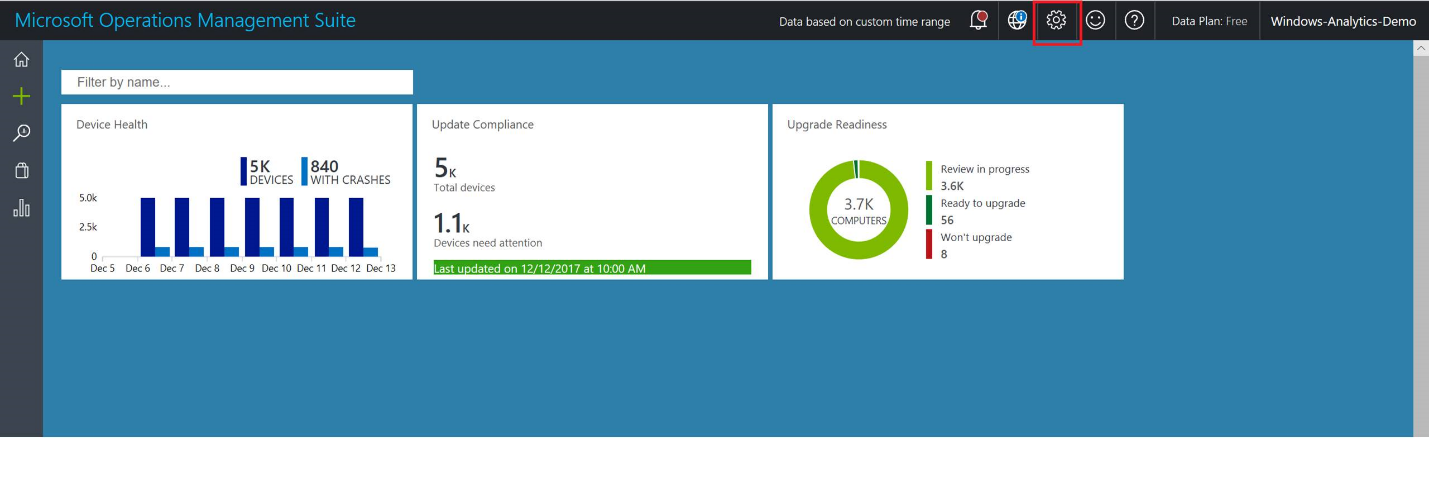 Operations Management Suite dialog showing settings icon (a gear) in the title bar indicated by a red box.