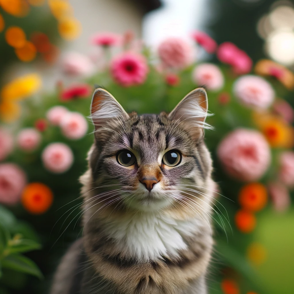 A cat sitting in front of flowers

Description automatically generated