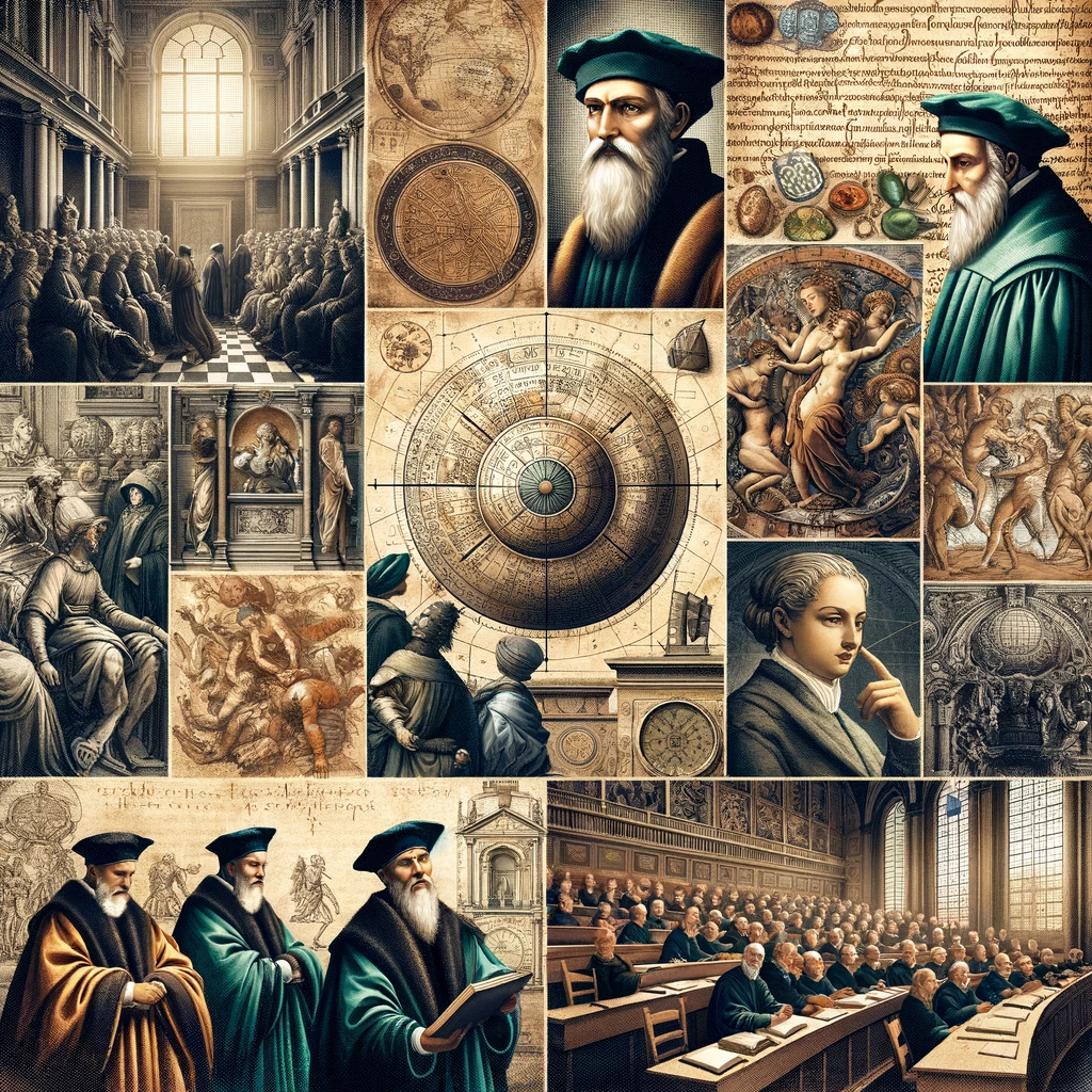 A collage featuring elements of the Renaissance period around 1505. Include detailed Renaissance art, ancient manuscripts with intricate script, and educational settings typical of the time, such as lecture halls or scholarly discussions. The artwork should reflect the intellectual and cultural environment that would have influenced the early education and worldview of figures like Nostradamus. The image should be rich in historical detail, capturing the essence of the period's art, knowledge, and academic life.