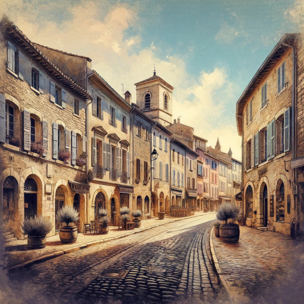 A digital painting of Salon-de-Provence, capturing its historic streets and buildings. The artwork should depict the town as it might have looked in the 16th century, with attention to architectural details of that period. Include cobblestone streets, old houses, and public squares, creating an atmosphere that gives a glimpse into the kind of environment Nostradamus would have lived in. The painting should be rich in color and detail, evoking the charm and historical significance of the town during the Renaissance era.
