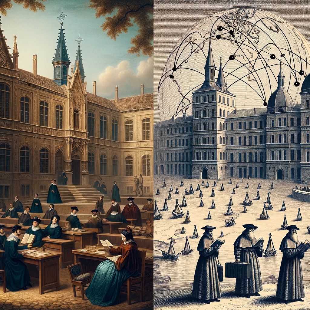 A digital re-creation of the University of Avignon in the 16th century, showing its historical architecture and academic environment. Include students and scholars in period attire engaged in study and discourse. Couple this with a graphical representation of the spread of the plague across Europe, depicting a map overlaid with symbols or lines indicating the spread of the disease. This juxtaposition should illustrate the contrasting worlds of academic aspirations at the university and the harsh realities of the plague's impact during that time.