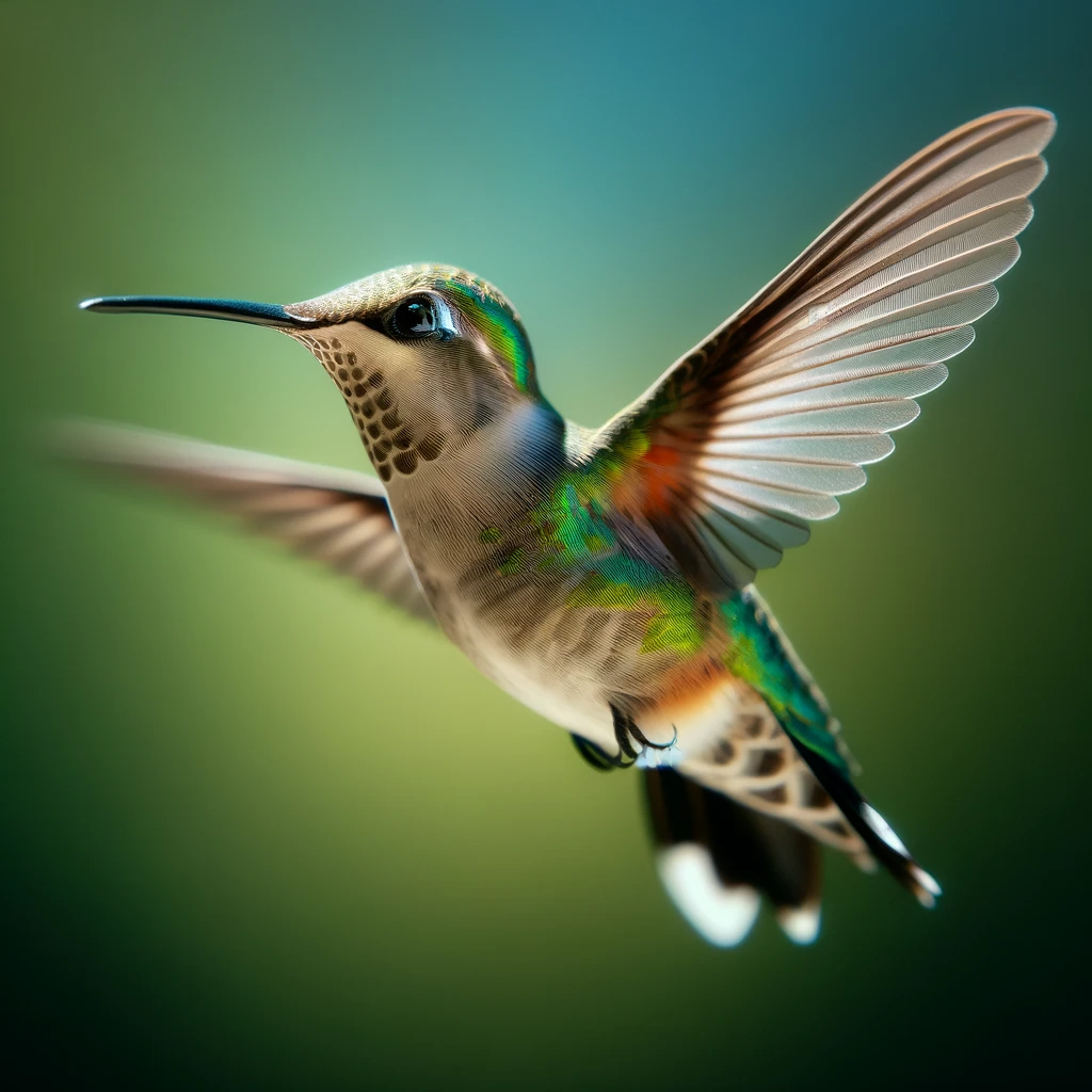 A hummingbird flying in the air

Description automatically generated