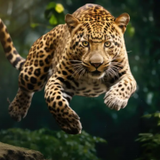 A leopard jumping in the air Description automatically generated