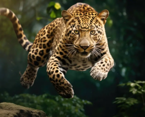 A leopard jumping in the air Description automatically generated