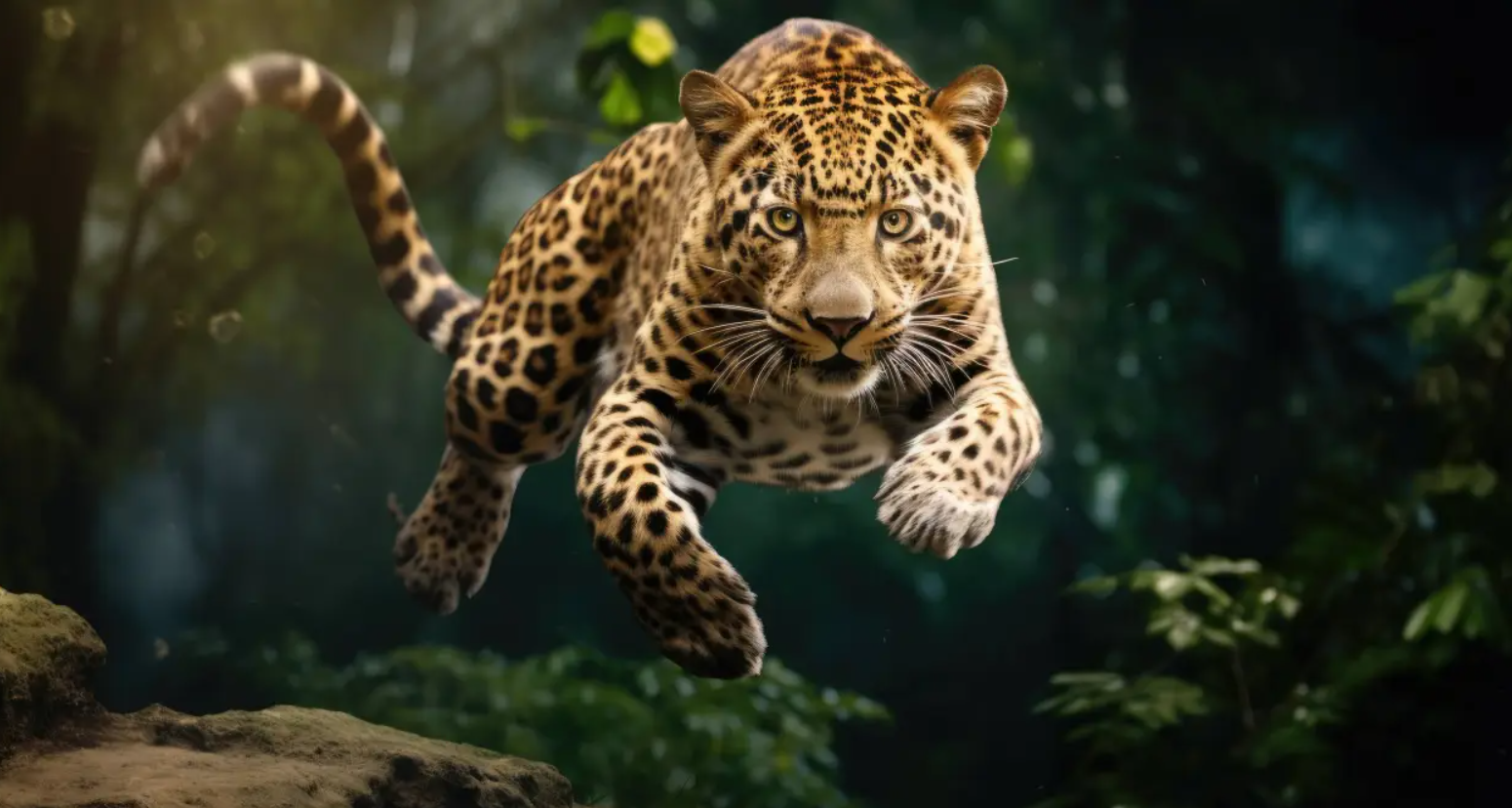 A leopard jumping in the air

Description automatically generated