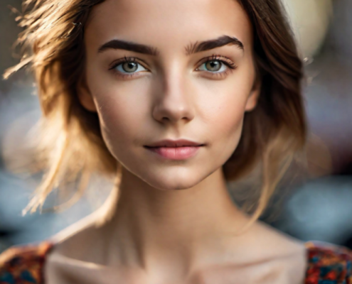 A person with brown hair and blue eyes Description automatically generated