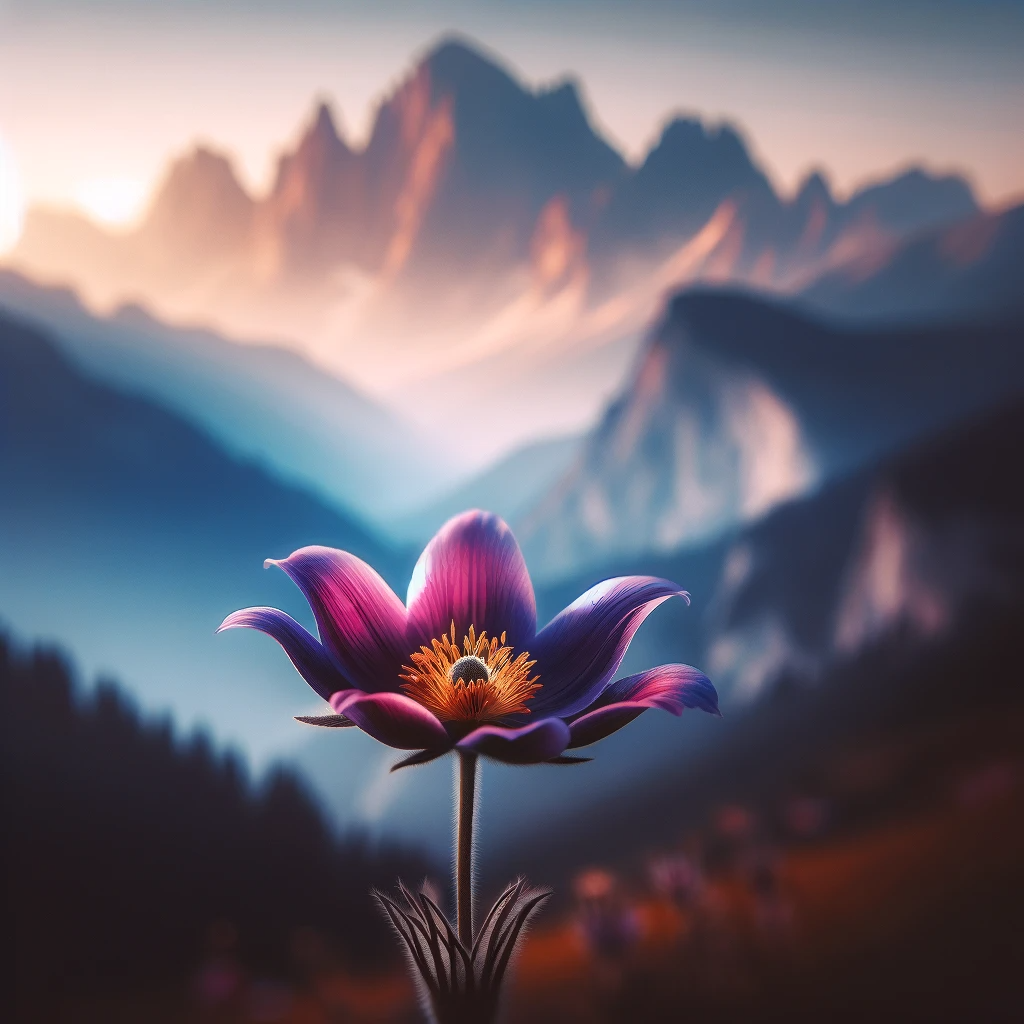 A purple flower with mountains in the background

Description automatically generated