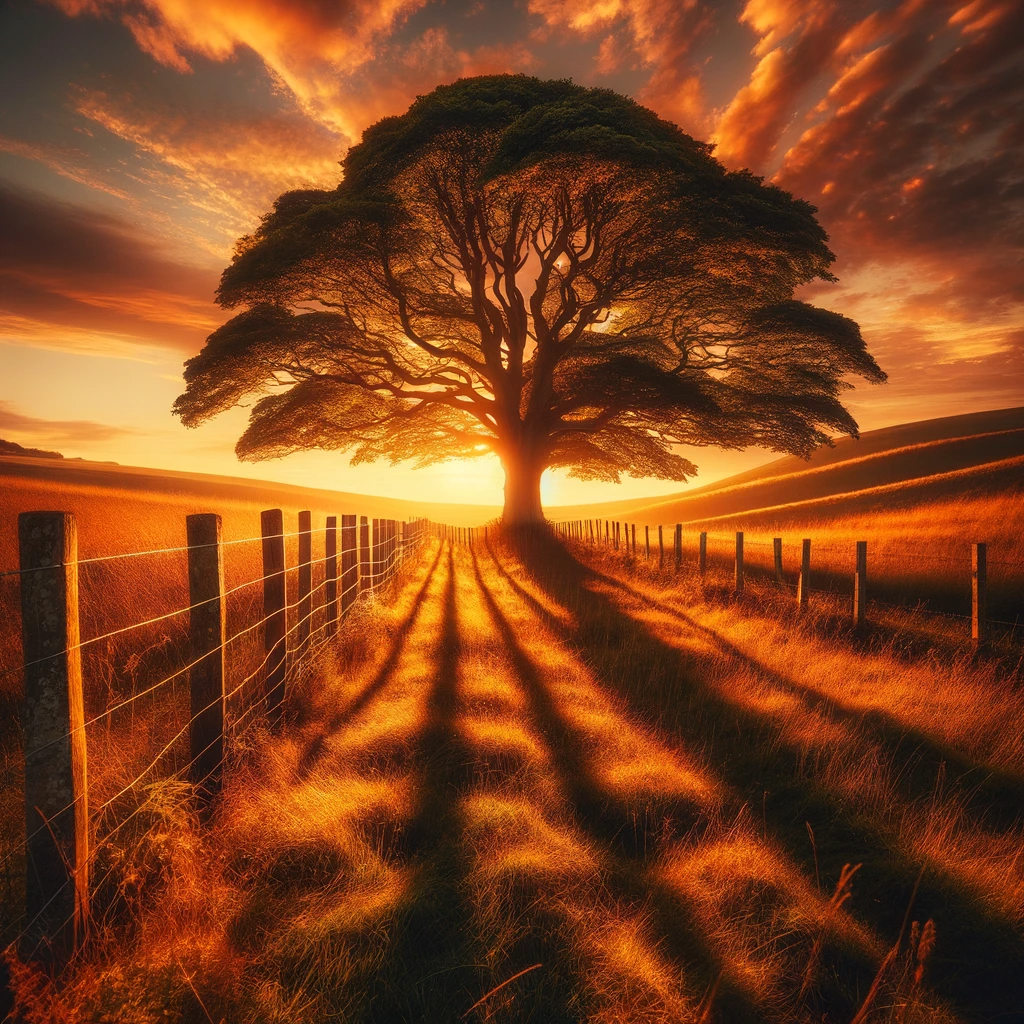 A tree in a field with a fence and sunset

Description automatically generated