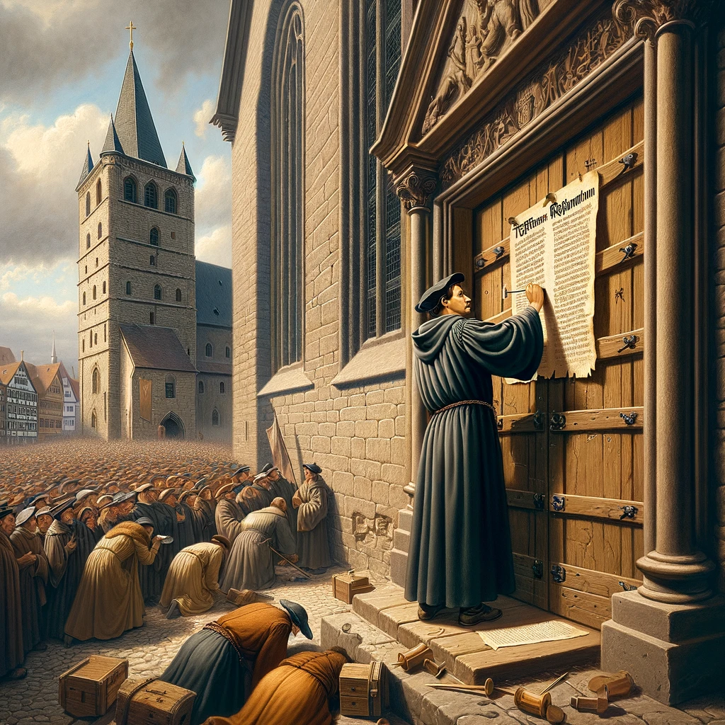 Create a painting depicting the key moment of the Protestant Reformation in the 16th century, an event that would have influenced Nostradamus's work. The scene should capture Martin Luther nailing his 95 Theses to the door of the Castle Church in Wittenberg in 1517. This moment marks the beginning of the Reformation and a significant shift in the religious and cultural landscape of Europe. The painting should show Luther in the act of posting his theses, with the church's door and the surrounding environment of the time. The style should be realistic, capturing the historical significance and the dramatic impact of this moment.