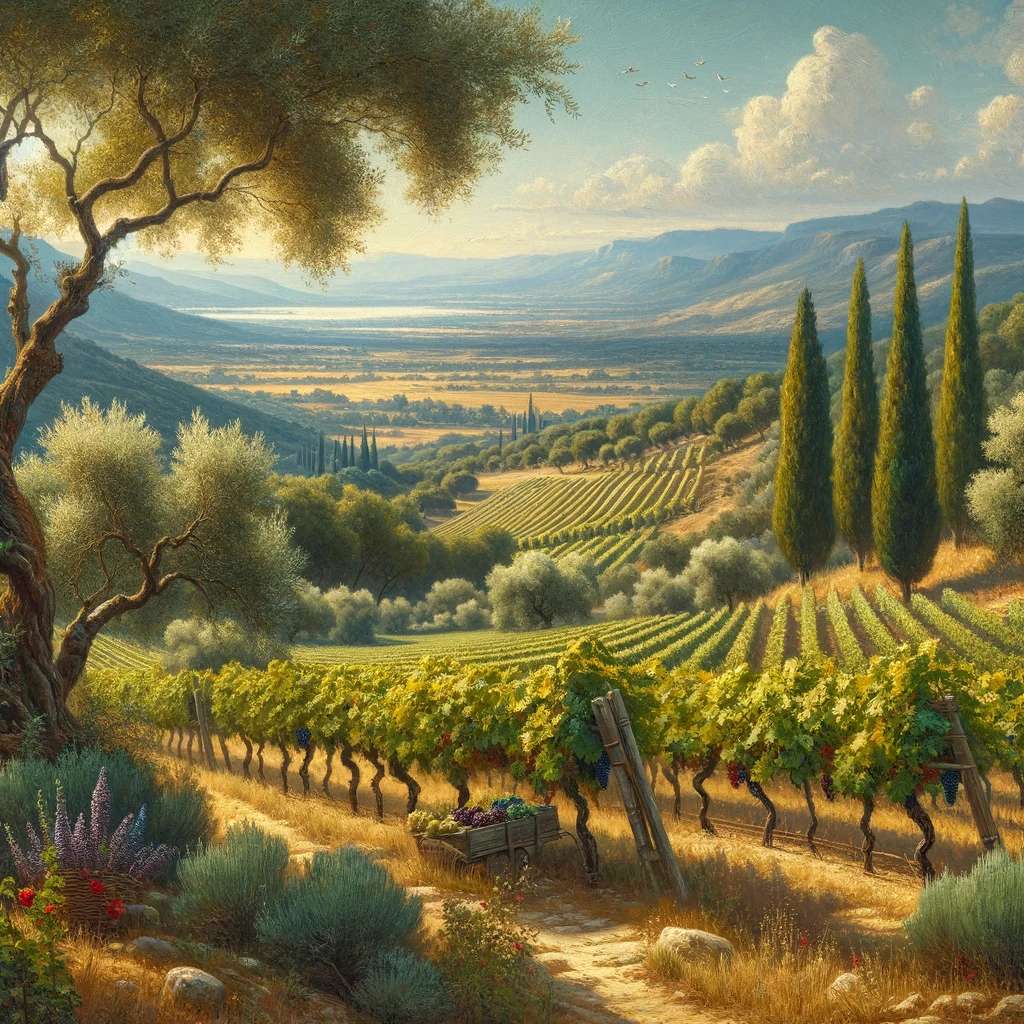 Create a painting showcasing the landscapes of Southern France during the 1500s, with a focus on the region's vineyards, olive groves, and general lushness. The artwork should capture one specific scene in detail, such as a sprawling vineyard with rows of grapevines under the bright sun, or an olive grove with mature olive trees and a backdrop of rolling hills. The painting should be rich in color and detail, reflecting the natural beauty and agricultural abundance of Southern France in the 16th century. The style should be realistic, with a focus on capturing the essence of the landscape.