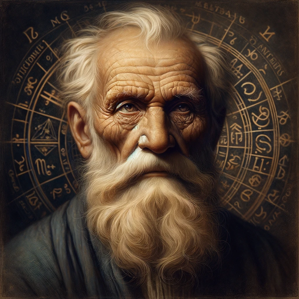 Create a portrait of an elderly man, inspired by the historical figure Nostradamus, in his later years. The portrait should capture the wise and thoughtful expression of an aged scholar, with detailed features like deep-set eyes, a prominent nose, and a full beard. The style should be reflective of the 16th century, with appropriate attire and a backdrop that suggests a scholarly or astrological setting. The portrait should convey a sense of depth and experience, characteristic of a person who has spent a lifetime in intellectual pursuits.