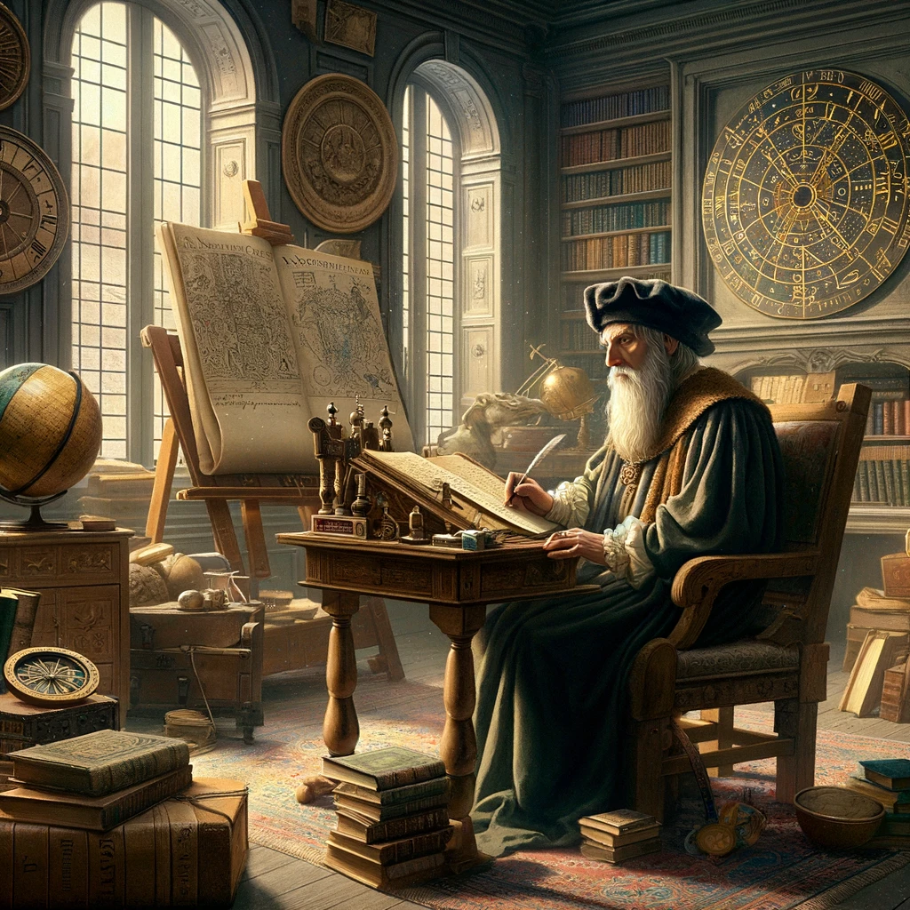 Create a realistic digital painting of Nostradamus in his later years, depicting him writing his book in Salon-de-Provence. The scene should show Nostradamus in a studious setting, surrounded by books, manuscripts, and astrological instruments, reflective of his work and interests. The setting should be historically accurate to the 16th century, showing the interior of a room typical for that period in Salon-de-Provence. The artwork should capture the essence of Nostradamus as a scholar and seer, engrossed in his work, with a focus on the details of his environment and the objects that were part of his scholarly pursuits.