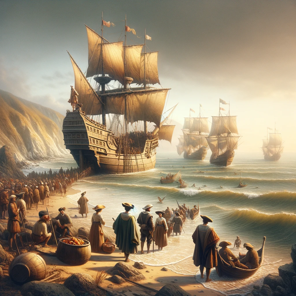 Create a realistic image resembling a photograph depicting the discovery of the Americas. The scene should show a historical moment, such as the arrival of Christopher Columbus's ships on the shores of the New World in 1492. Include elements like the Niña, Pinta, and Santa María ships, sailors disembarking, and the natural landscape of the coast. The image should have the appearance of a historical photograph, capturing the significant and exploratory nature of this moment.