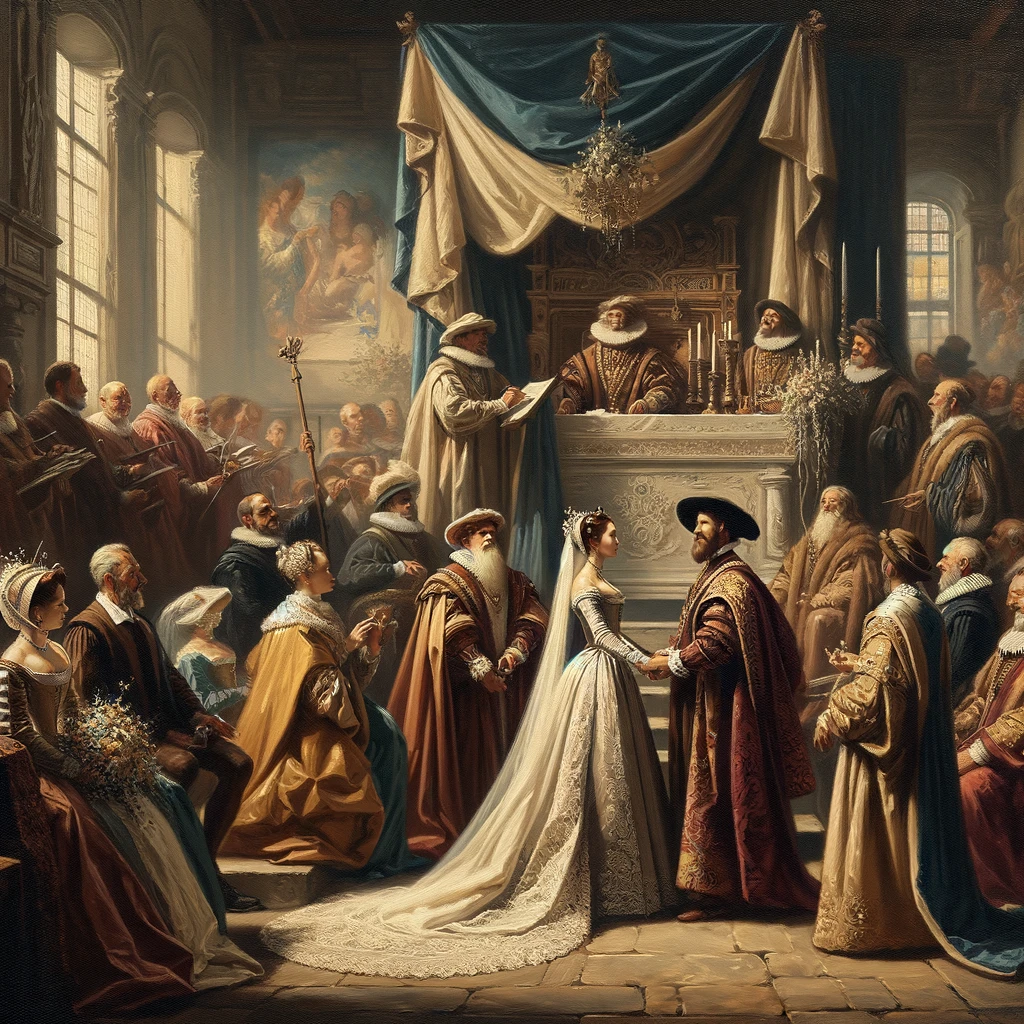 Create a realistic painting depicting the wedding of Nostradamus. The scene should be as historically accurate as possible, set in the 16th century. Include details like the attire of the period, the setting of a 16th-century wedding ceremony, and the figures of Nostradamus and his bride in a historically appropriate context. The artwork should have the aesthetic of a traditional painting, with visible brushstrokes and a classic style, while clearly portraying the significant event of Nostradamus's wedding with historical fidelity.