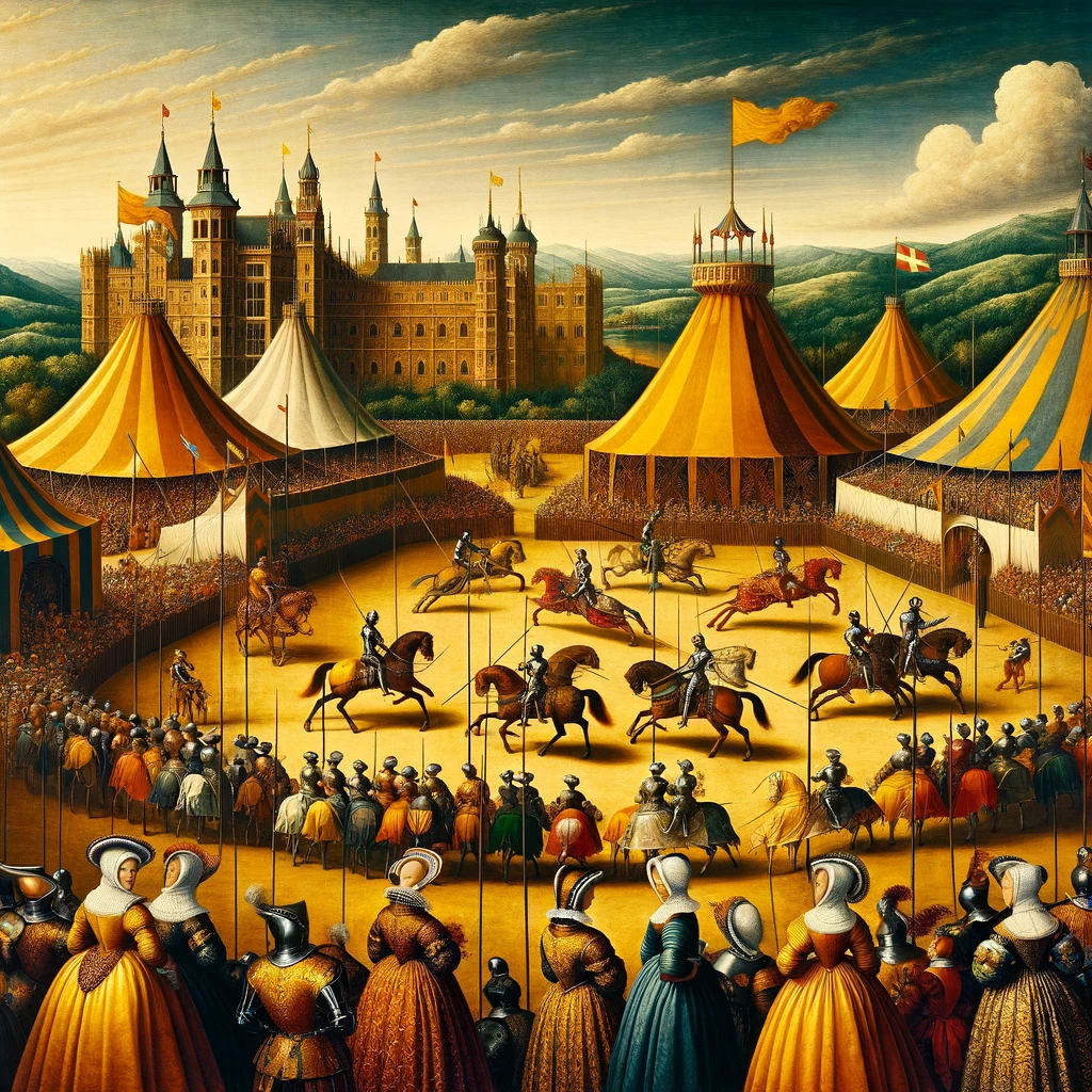 Create an art piece depicting the Field of the Cloth of Gold, a known event from the 16th century in Europe. This historic meeting in 1520 between King Henry VIII of England and King Francis I of France was a display of wealth, power, and Renaissance splendor. The artwork should capture a specific scene from this event, showcasing the elaborate tents, rich costumes, jousting tournaments, and the overall grandeur of the occasion. The scene should vividly portray the opulence and political significance of this meeting, reflecting the cultural and social dynamics of the era.