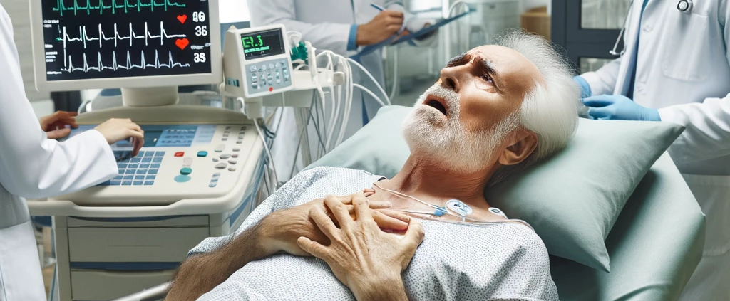 A medical scene in a hospital room. A senior male patient, about 65 years old, lies on a hospital bed, showing expressions of discomfort and holding his chest. He is surrounded by medical equipment, including an ECG machine displaying a graph indicative of a myocardial infarction. The room is well-lit, and medical professionals are attending to the patient, checking his vital signs and looking at the ECG report. The environment is clean, and there is a sense of urgency yet professionalism among the medical staff.