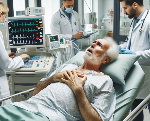 A medical scene in a hospital room. A senior male patient, about 65 years old, lies on a hospital bed, showing expressions of discomfort and holding his chest. He is surrounded by medical equipment, including an ECG machine displaying a graph indicative of a myocardial infarction. The room is well-lit, and medical professionals are attending to the patient, checking his vital signs and looking at the ECG report. The environment is clean, and there is a sense of urgency yet professionalism among the medical staff.