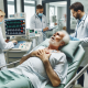 A medical scene in a hospital room. A senior male patient, about 65 years old, lies on a hospital bed, showing expressions of discomfort and holding his chest. He is surrounded by medical equipment, including an ECG machine displaying a graph indicative of a myocardial infarction. The room is well-lit, and medical professionals are attending to the patient, checking his vital signs and looking at the ECG report. The environment is clean, and there is a sense of urgency yet professionalism among the medical staff.