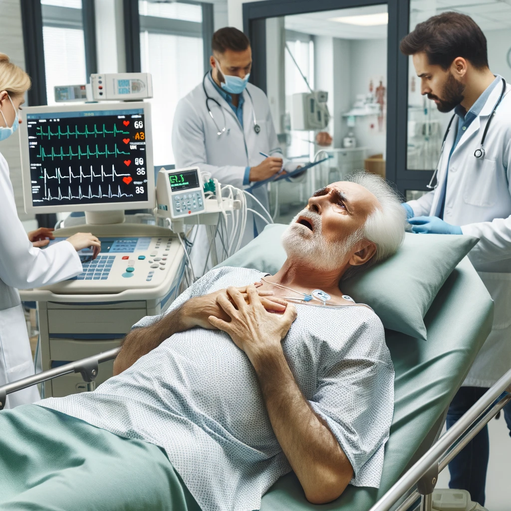 A medical scene in a hospital room. A senior male patient, about 65 years old, lies on a hospital bed, showing expressions of discomfort and holding his chest. He is surrounded by medical equipment, including an ECG machine displaying a graph indicative of a myocardial infarction. The room is well-lit, and medical professionals are attending to the patient, checking his vital signs and looking at the ECG report. The environment is clean, and there is a sense of urgency yet professionalism among the medical staff.