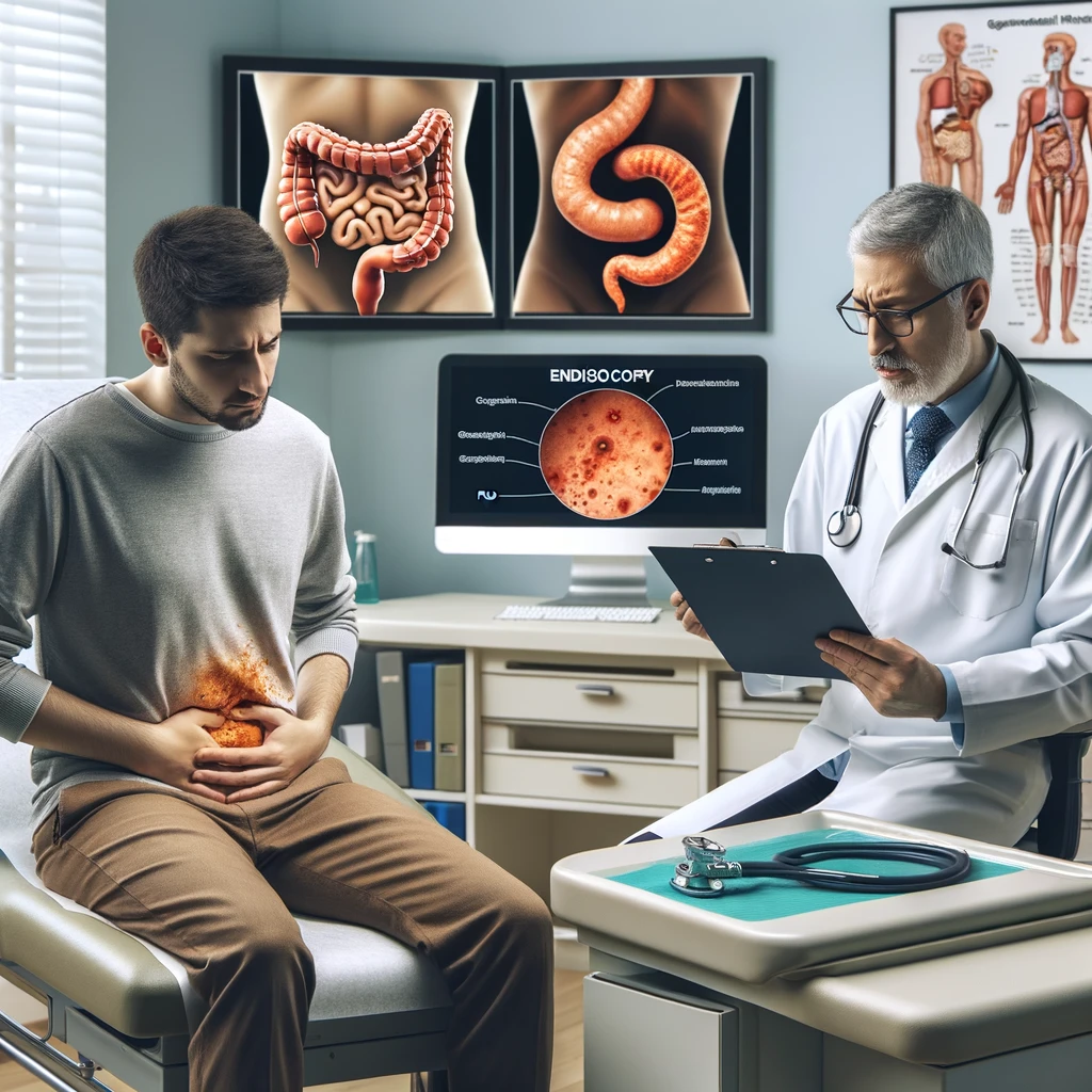 In a gastroenterologist's office, a patient is sitting on the examination table, diagnosed with gastroesophageal reflux disease (GERD) and peptic ulcer disease (PUD). The patient appears to be in discomfort, possibly experiencing symptoms like heartburn or abdominal pain. The doctor, wearing a white coat, is holding a medical chart and discussing the diagnosis and treatment plan with the patient. The office is equipped with medical diagrams showing the gastrointestinal system, and there's a computer screen displaying endoscopy images indicative of GERD and PUD. The atmosphere is professional and informative.