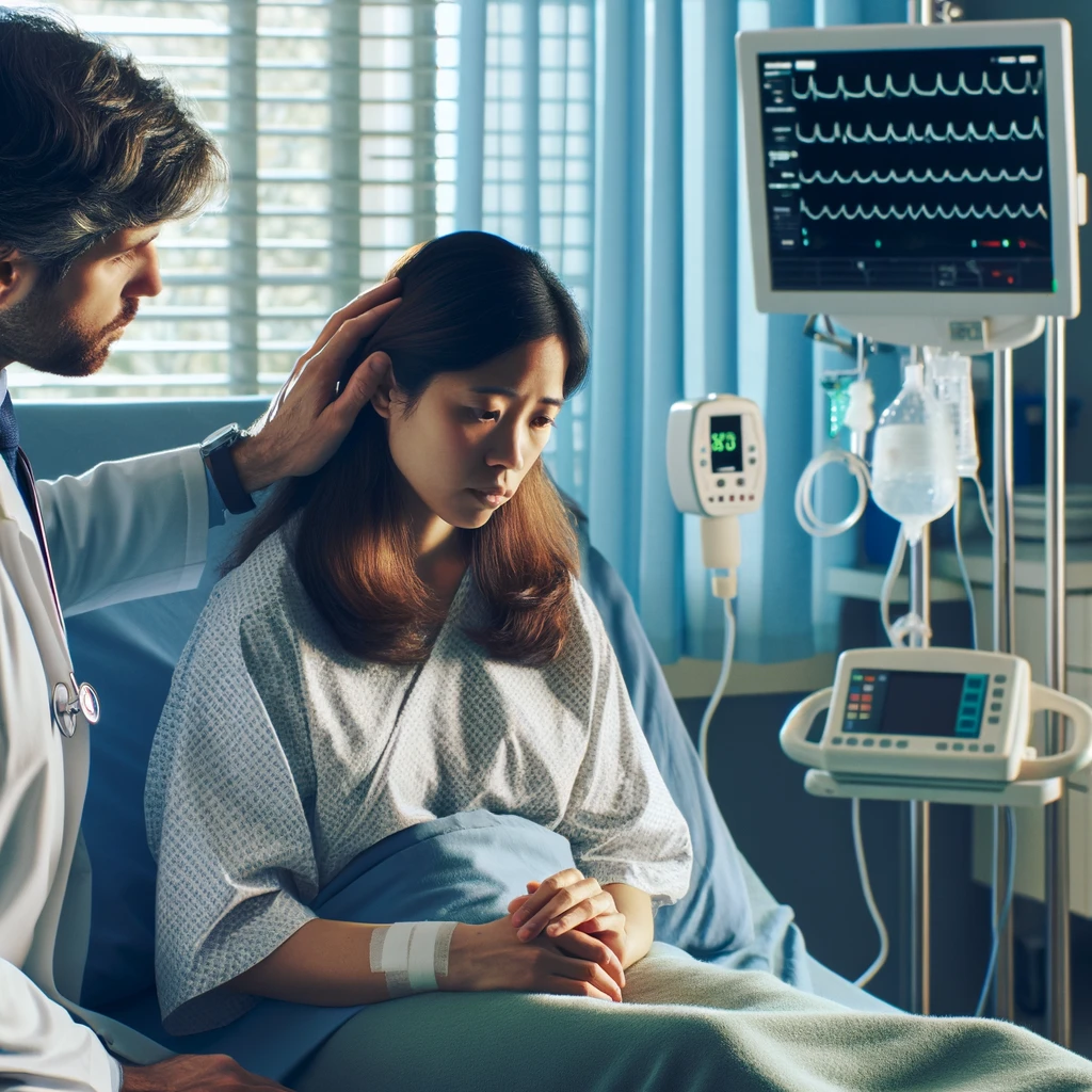 In a hospital room, a 30-year-old female patient is sitting up in bed, exhibiting signs of aphasia and hemiparesis following a stroke. She appears to be struggling to communicate, showing frustration or confusion. One side of her body shows weakness, consistent with hemiparesis. A neurologist is present, gently examining her and observing her symptoms. The room has medical equipment like a monitor displaying vital signs. The atmosphere is calm and caring, with the medical professional showing empathy and attentiveness towards the patient.