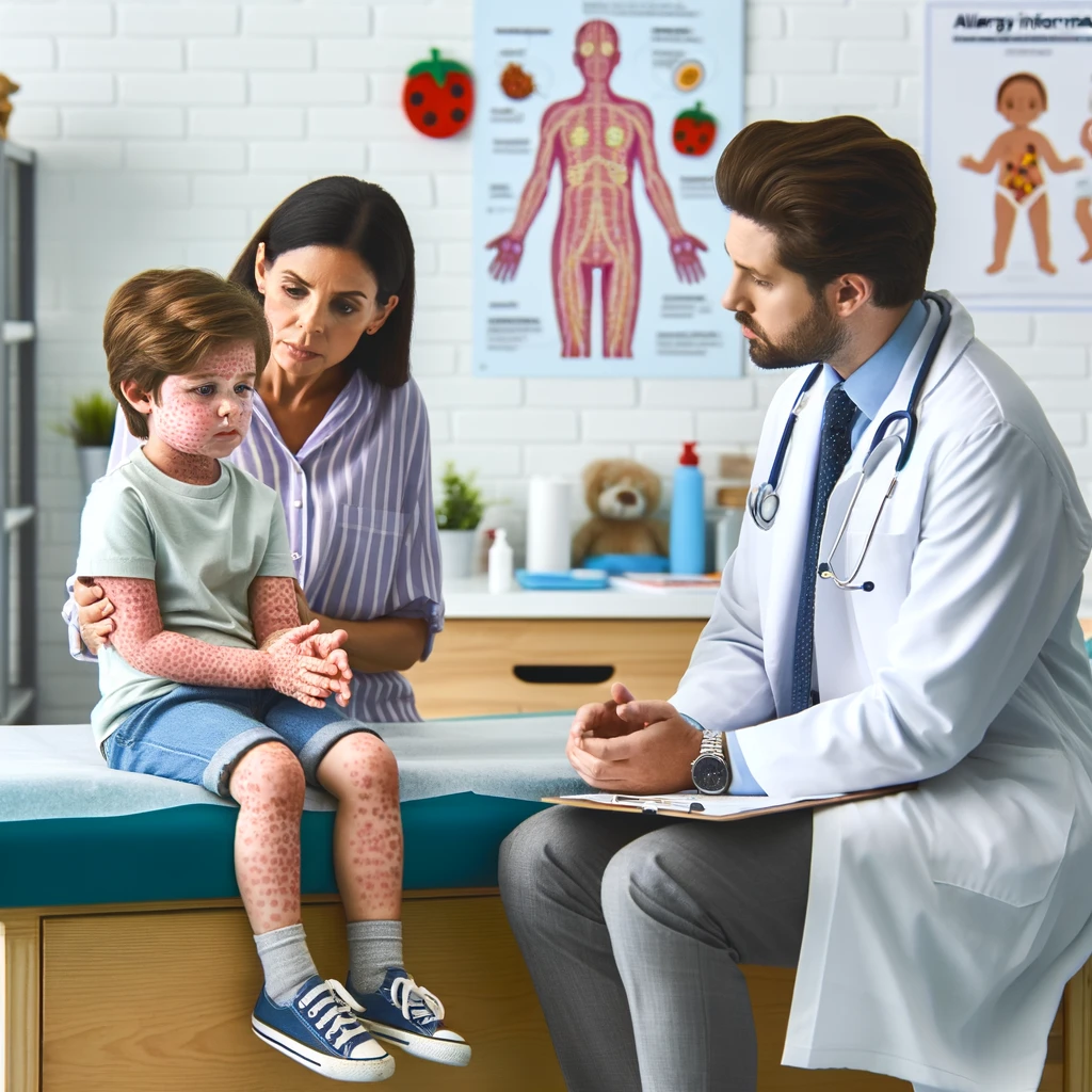 In a pediatrician's office, a 6-year-old child is sitting on an examination table, diagnosed with urticaria and angioedema due to a food allergy. The child shows visible signs of skin hives and swelling in areas like the face and hands, typical of urticaria and angioedema. A concerned parent is by the child's side, comforting them. The pediatrician, wearing a white coat, is explaining the condition and its management to the parent, with an allergy information poster visible in the background. The environment is friendly and reassuring, decorated with colorful, child-friendly motifs.