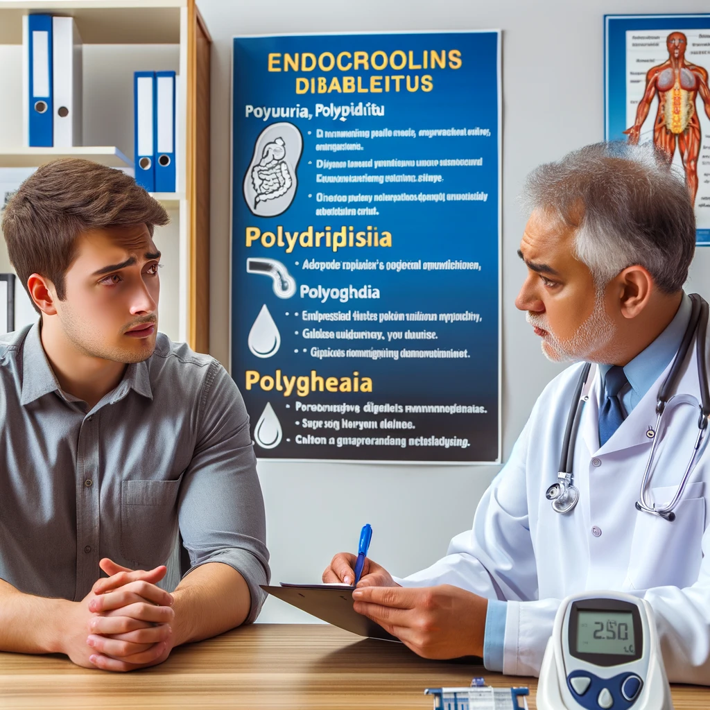In an endocrinologist's office, a patient with a history of diabetes mellitus is sitting in front of the doctor, exhibiting symptoms of polyuria, polydipsia, and polyphagia. The patient looks visibly concerned and is discussing their increased thirst, frequent urination, and excessive hunger. The doctor, with a compassionate demeanor, is attentively listening and taking notes. The office has educational posters about diabetes management and a glucose monitoring device on the desk. The environment is professional, aimed at providing a thorough understanding and management of diabetes.