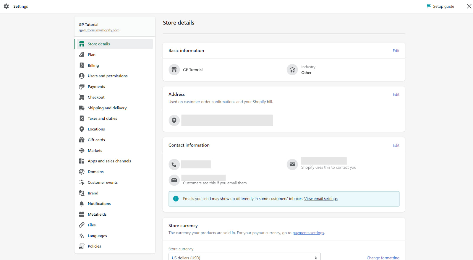 Shopify settings
